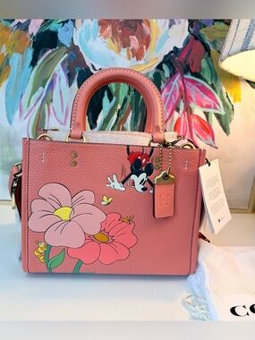 Rare Collectible DISNEY X COACH Rogue 25 Leather Mickey Mouse Flower Pink NWT